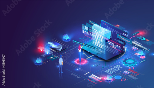 Smart contract and digital signature concept. Concept for electronic signature, distance business, Laptop and contract hologram image for signature. Girl putting signature into legal document. Vector