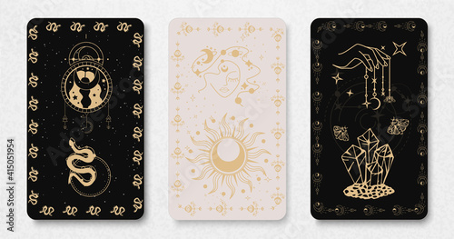 Three tarot cards. Space and astrology concept. Esoteric aesthetics. Magic occult set of tarot cards. Magic card astrology, drawing spiritual poster. Silhouette of hands, stars, moon and crystals.