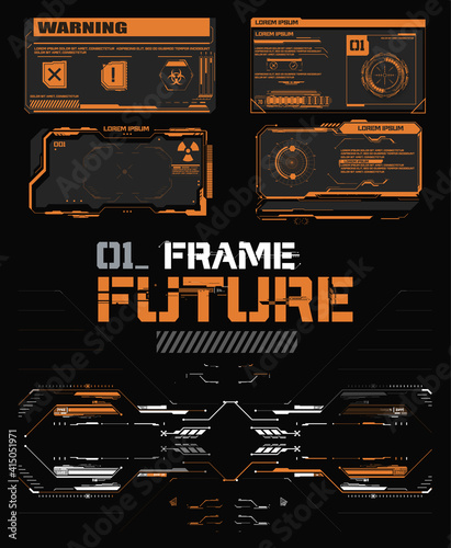 Hi tech abstract, rectangle frame. Screens HUD, UI, GUI futuristic interface elements set. Callouts titles. Futuristic info boxes layout templates. Frame in Sci- Fi style in orange. Attention, danger