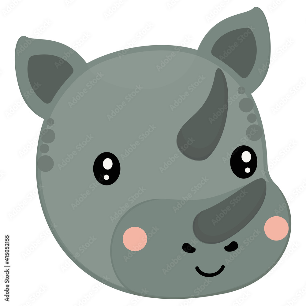 Cartoon gray face of a baby rhino with ruddy cheeks and a smile on a white background. Adorable head for logotype, icon, emoji Vector. Cartoon gray face of a baby rhino with ruddy cheeks and a smile on a white background. Adorable head for logotype, icon, emoji Vector.