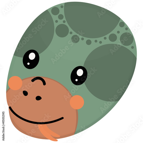 A gentle green head of a boa constrictor with a protruding tongue on a white background. Cute isolated cartoon snake face. Logo, symbol, badge. Vector.
