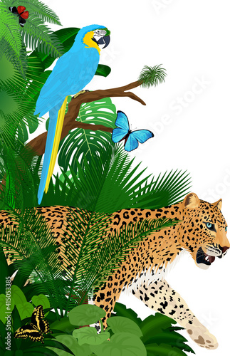 Vector jungle rainforest foliage vertical border illustration with blue macaw, jaguar and butterflies