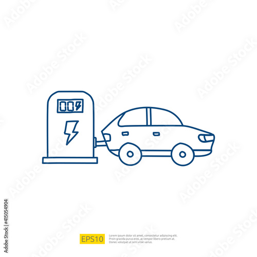 electric car doodle icon at charging station. sign symbol vehicle concept. eco green friendly transportation on white background vector illustration