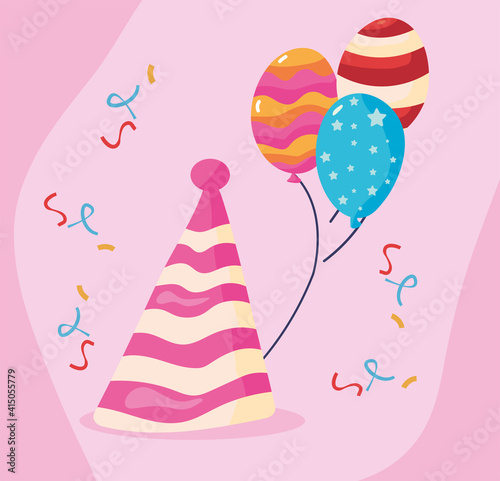 happy birthday hat with confetti and balloons helium