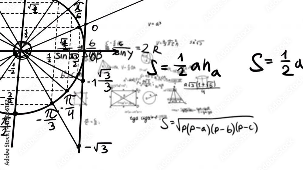 Animation of movement through geometric formulas and shapes. 4k animation with mathematical calculations. Video for the effect of computing activity. Handwriting. Alpha channel. 60 frames to second.