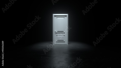 Closed white door in a dark room with bright light. Light shines from door opening in dark room. Abstract dark concrete interior. Fills the space with bright white light. 3D render
