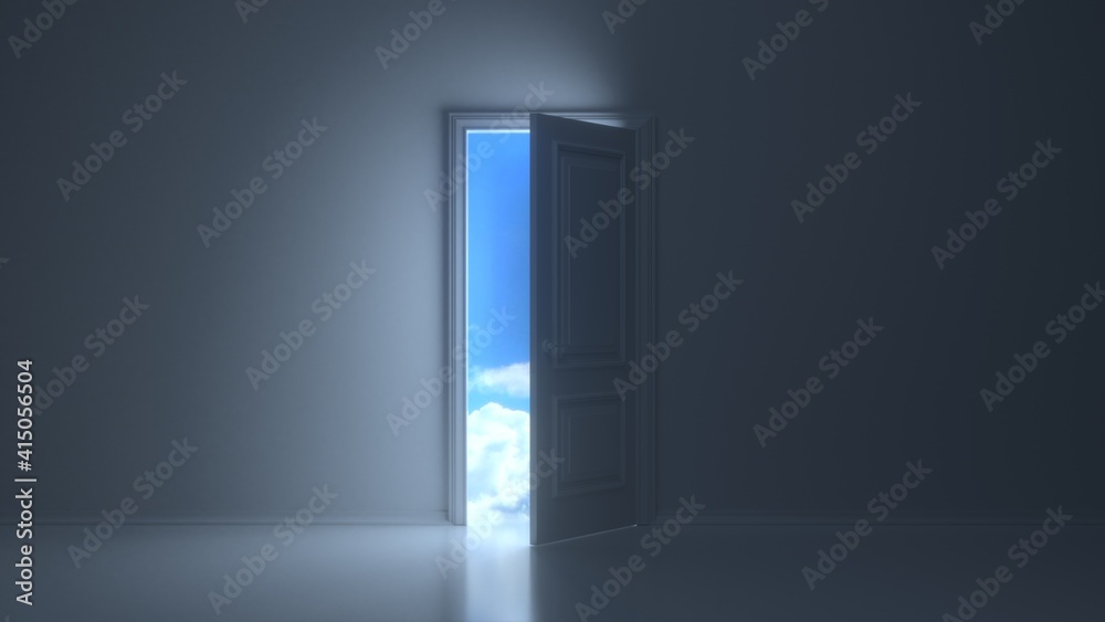Doors opening to reveal beautiful sky in dark grey room. 3D render