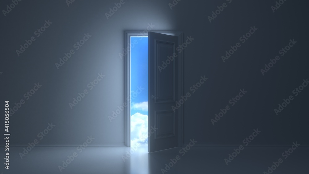 Doors opening to reveal beautiful sky in dark grey room. 3D render Doors opening to reveal beautiful sky in dark grey room. 3D render