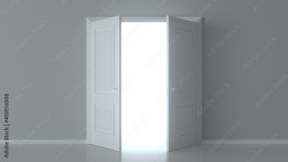 Double open white door on white background. Front view. Empty room interior. Choice, business and success concept. Concept illustration for welcome, invitation to enter or new opportunity. 3D render Double open white door on white background. Front view. Empty room interior. Choice, business and success concept. Concept illustration for welcome, invitation to enter or new opportunity. 3D render