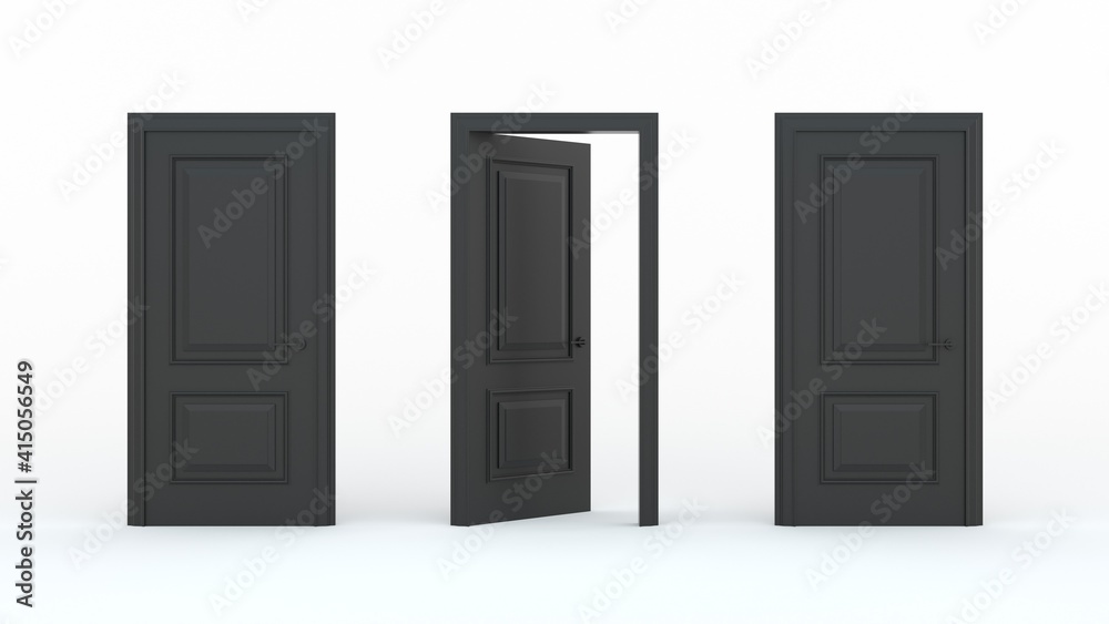 Two closed black doors and one open door on a white background. Creative glamorous minimal style. Choice, business and success concept. 3d render Two closed black doors and one open door on a white background. Creative glamorous minimal style. Choice, business and success concept. 3d render