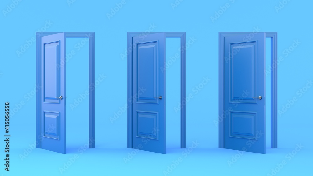 Three open blue doors on a pastel blue background. Different stages of opening. Entrance and doorways. Indoor interior. Closed and open way. 3d render Three open blue doors on a pastel blue background. Different stages of opening. Entrance and doorways. Indoor interior. Closed and open way. 3d render