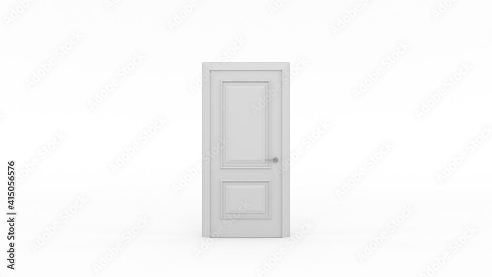 Closed white door isolated. Metaphor of possibilities. Choice, business and success concept. 3d render Closed white door isolated. Metaphor of possibilities. Choice, business and success concept. 3d render