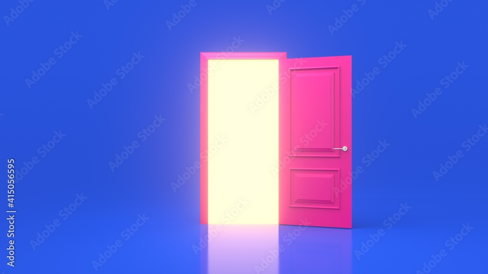 Yellow light inside an open pink door isolated on a blue background. Room interior design element. Modern minimalistic concept. Metaphor of possibilities. 3d render Yellow light inside an open pink door isolated on a blue background. Room interior design element. Modern minimalistic concept. Metaphor of possibilities. 3d render