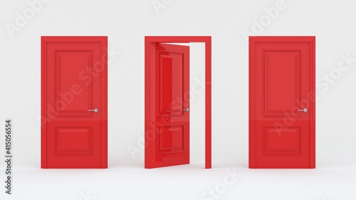 Two closed red doors and one open door isolated on a white background. Creative glamorous minimal style. Choice, business and success concept. 3d render