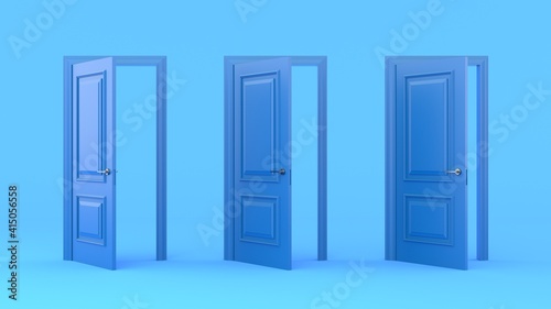 Fototapeta Naklejka Na Ścianę i Meble -  Three open blue doors on a pastel blue background. Different stages of opening. Entrance and doorways. Indoor interior. Closed and open way. 3d render