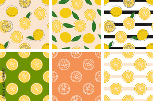 Lemon set pattern.Hand drawn colored Vector illustrations. Set of six Seamless Patterns. Background, wallpaper. For textile Prints or Wrapping paper