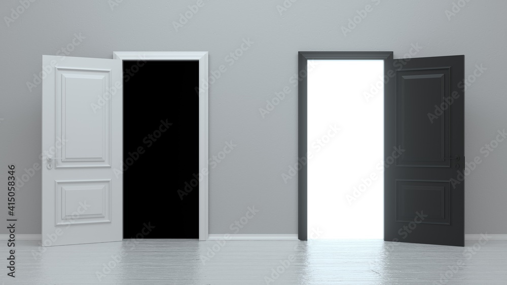 Open white and black entrance realistic door isolated on white background. Choice, business and success concept. 3d render