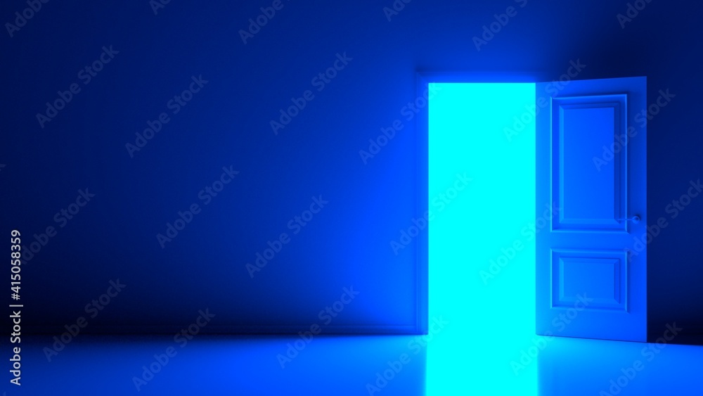 Cool abstract daytime light inside the open white door on warm background. Room interior design element. Modern minimal concept. Opportunity metaphor. Blue room. 3D render Cool abstract daytime light inside the open white door on warm background. Room interior design element. Modern minimal concept. Opportunity metaphor. Blue room. 3D render