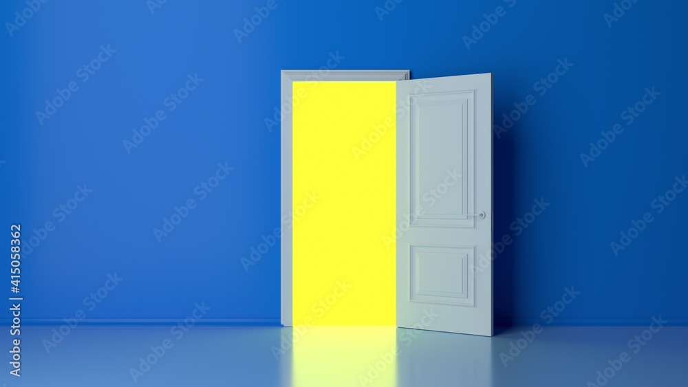 Yellow light inside the open white door isolated on blue background. Room interior design element. Modern minimal concept. Opportunity metaphor. 3D render Yellow light inside the open white door isolated on blue background. Room interior design element. Modern minimal concept. Opportunity metaphor. 3D render