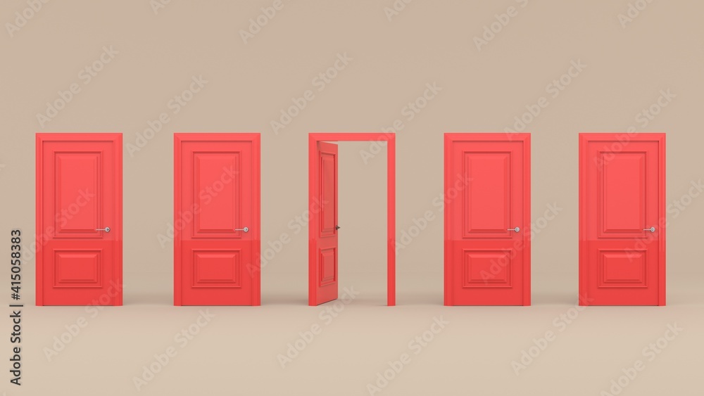 Four closed red doors and one open door on a pastel brown background. 3d render Four closed red doors and one open door on a pastel brown background. 3d render