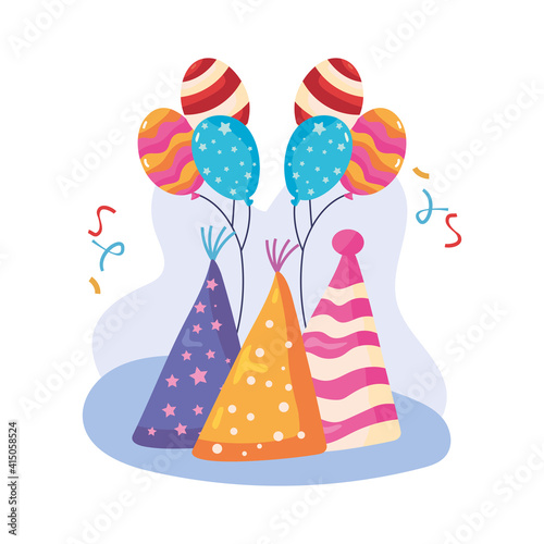 happy birthday hats with balloons helium and confetti