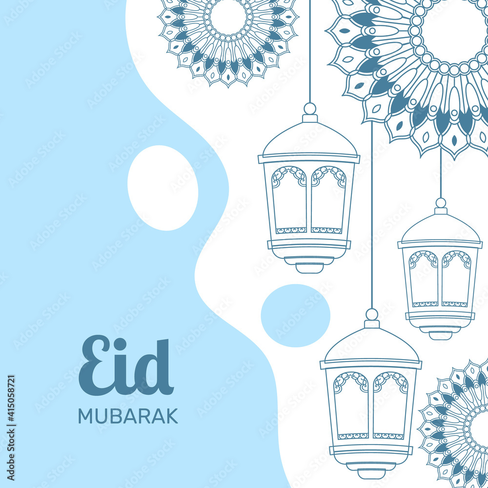 Flat design happy eid mubarak lanterns and decorations. - Vector.