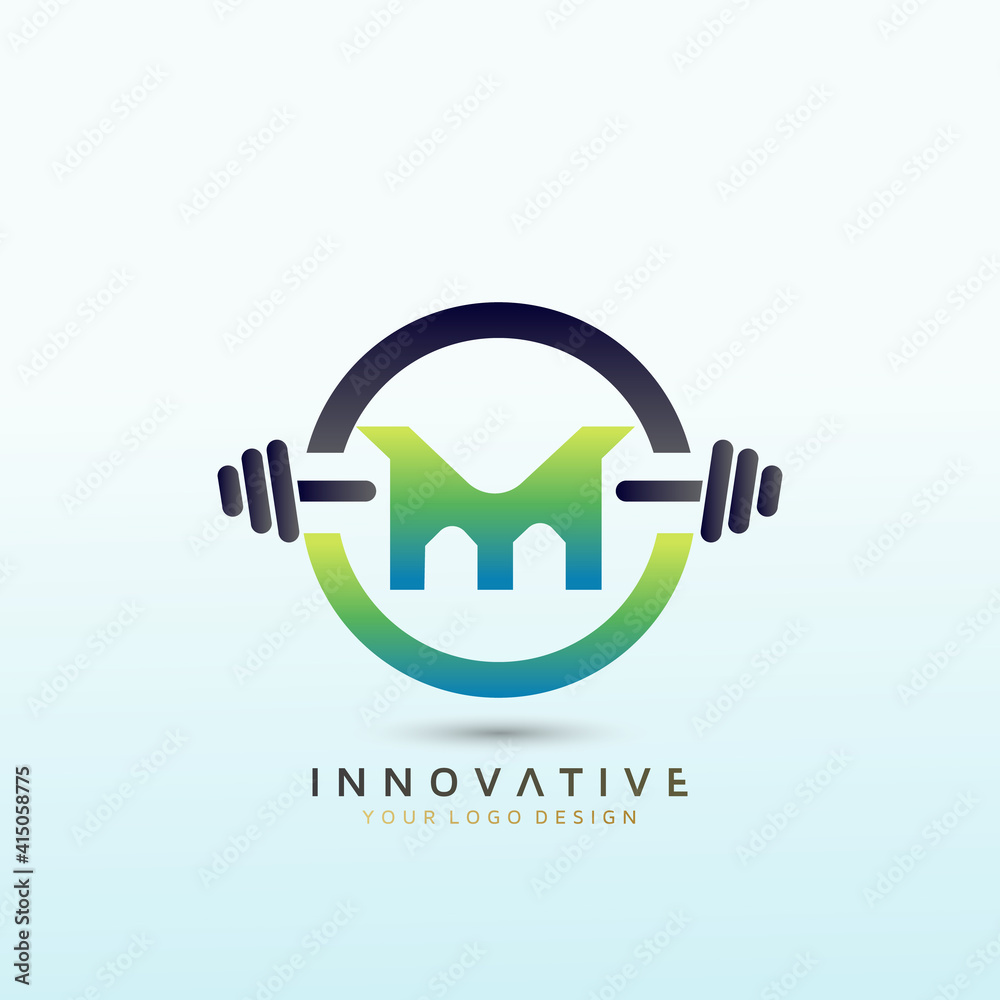 Letter M Fitness logo design. Dumbbell icon Vector logo design template. Letter M Fitness logo design. Dumbbell icon Vector logo design template.