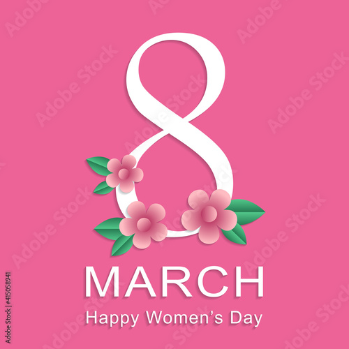 8 March international womens day holiday greeting card template. Number eight decorated with flowers and text isolated on pink background