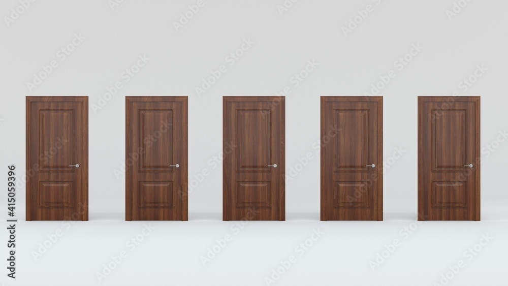 Five closed brown wooden doors isolated on gray background. Creative glamorous minimal style. 3d render Five closed brown wooden doors isolated on gray background. Creative glamorous minimal style. 3d render