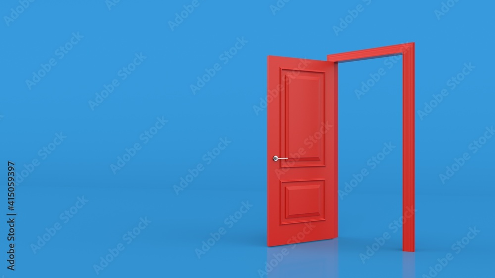 Red door open entrance in blue background room. Minimal concept idea creative. Choice, business and success concept. Concept illustration for welcome, invitation to enter or new opportunity. 3D render Red door open entrance in blue background room. Minimal concept idea creative. Choice, business and success concept. Concept illustration for welcome, invitation to enter or new opportunity. 3D render