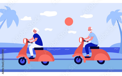 Cheerful grandparents riding on scooters. Bike, sea, holiday flat vector illustration. Weekend and retirement concept for banner, website design or landing web page