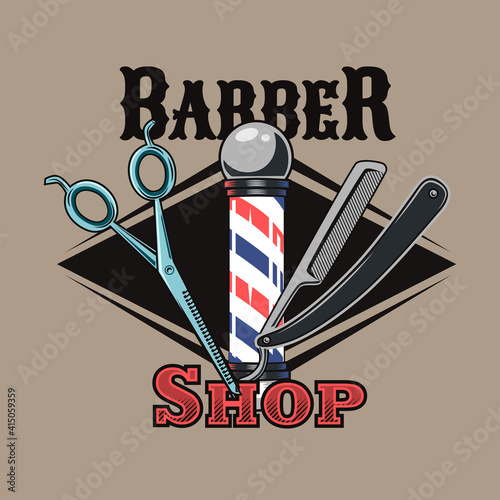 Retro badge for modern barbershop vector illustration. Colorful label with pole, scissors and shaving razor. Fashion and elegant style concept can be used for retro template