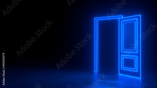 Abstract open door to universe. Cyberpunk neon door background concept. Blue neon. Abstract neon shapes hologram led laser door. Glowing neon frame. Modern 3d graphic concept. 3D rendering