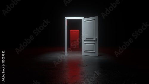 An open white and red door to a dark room with bright light. A light shines over a doorway in a dark room. Abstract dark concrete interior. Fills the space with bright white light. 3D rendering