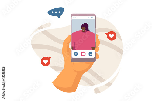 Hand of person using mobile phone for video call, talking to girl friend. User holding cellphone with conference talk interface on screen. Vector illustration for communication, online meeting concept