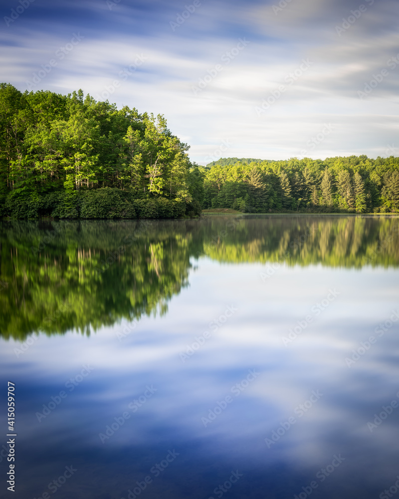 A simple reflection image of Boley Lake in Babcock State Park, West Virginia.