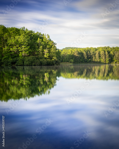 A simple reflection image of Boley Lake in Babcock State Park, West Virginia.