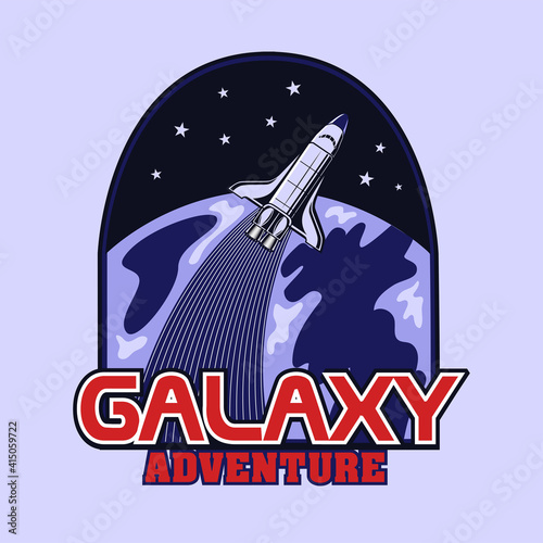 Engraving badge with launch of rocket vector illustration. Colored emblem with shuttle flying around Earth. Universe and galaxy adventure concept can be used for retro template