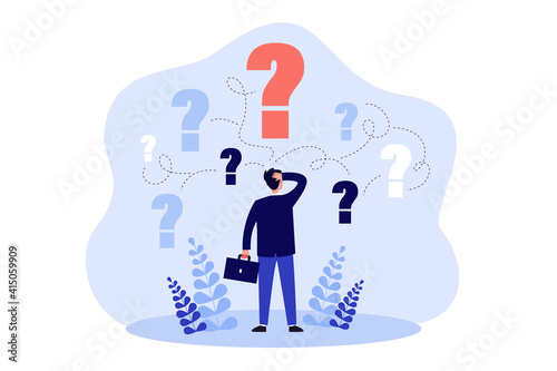 Pensive man standing and making business decision isolated flat vector illustration. Cartoon businessman choosing work strategy for success. Questions dilemma and options confusion concept photo