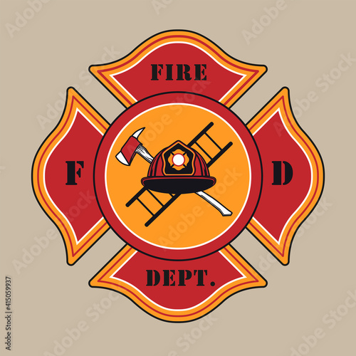 Red colored stylish badge for fire department vector illustration. Colorful label with helmet, axe and ladder. Emergency and firefighting concept can be used for retro template