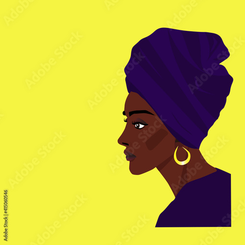 African woman in turban on a yellow background. Vector illustration.