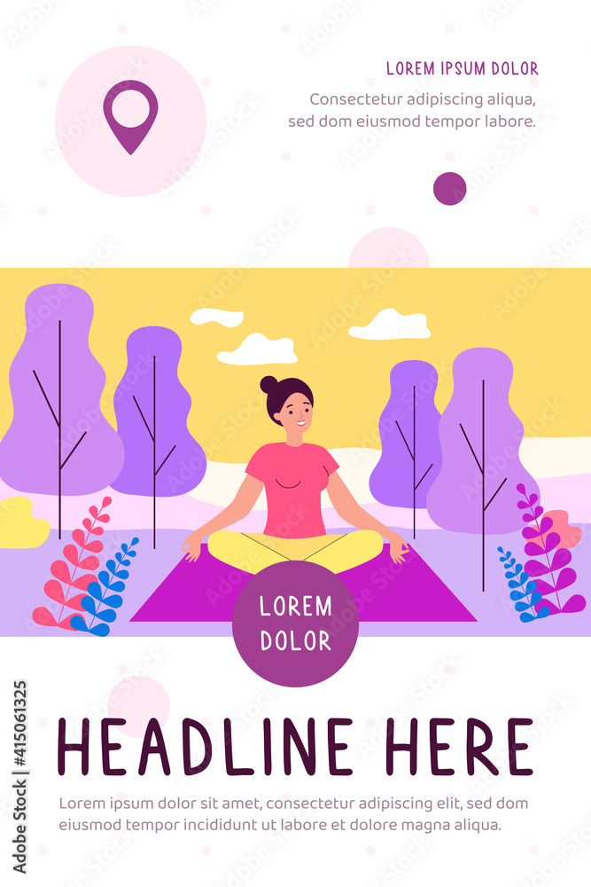 Obraz premium Happy woman sitting in lotus pose on nature flat vector illustration. Cartoon character doing yoga in forest for balance in daily lifestyle. Physical health treatment and fitness concept