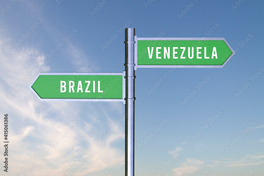Sign indicating the direction of the borders between two countries BRAZIL,VENEZUELA, 3d render. Sign indicating the direction of the borders between two countries BRAZIL,VENEZUELA, 3d render.