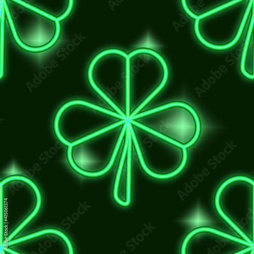 Seamless raster pattern for St. Patrick's Day. Green neon clover leaves on a dark green background.