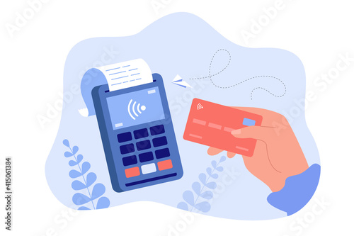 Hand holding debit or credit card for payment flat vector illustration. Cartoon unrecognizable buyer paying on contactless terminal. Digital transaction and wireless transfer concept