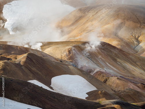 Landscape in the geothermal area of Hveradalir in the mountains of Kerlingarfjoll in the highlands of Iceland.