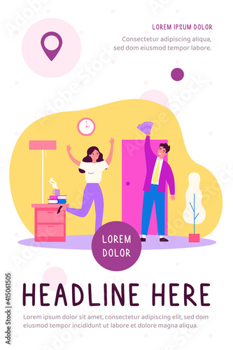 Man bringing salary to wife. Husband coming home with money, cash. Flat vector illustration. Family, income, budget concept for banner, website design or landing web page