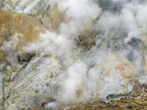 Landscape in the geothermal area of Hveradalir in the mountains of Kerlingarfjoll in the highlands of Iceland. photo