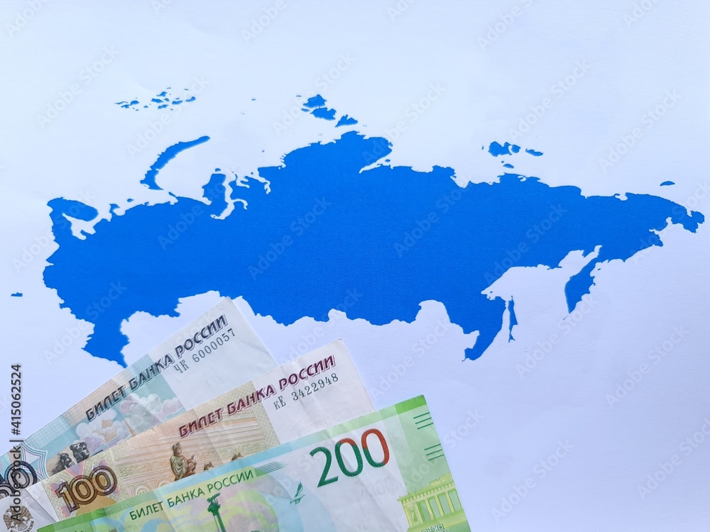 russian banknote and background with Russia map silhouette russian banknote and background with Russia map silhouette