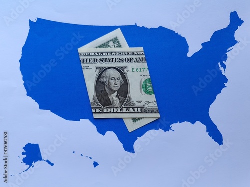 american one dollar banknote and background with United States map silhouette